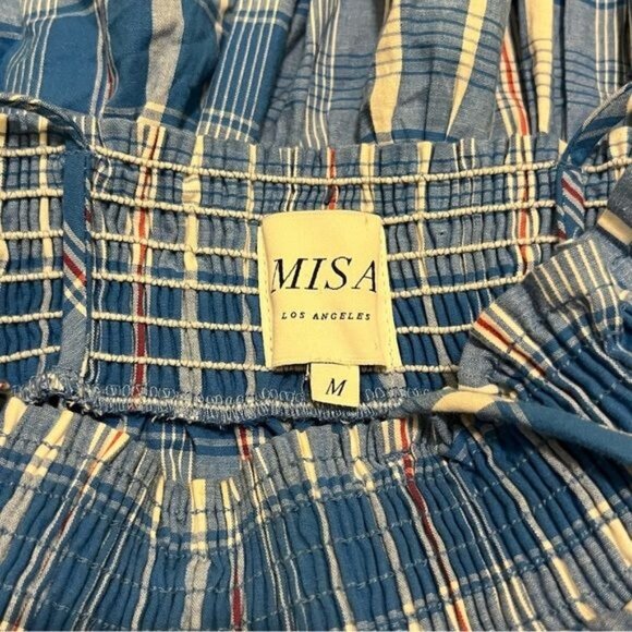 MISA Los Angeles Fernanda Dress M Blue Plaid Ruffle Midi Boho Chic - Picture 5 of 6